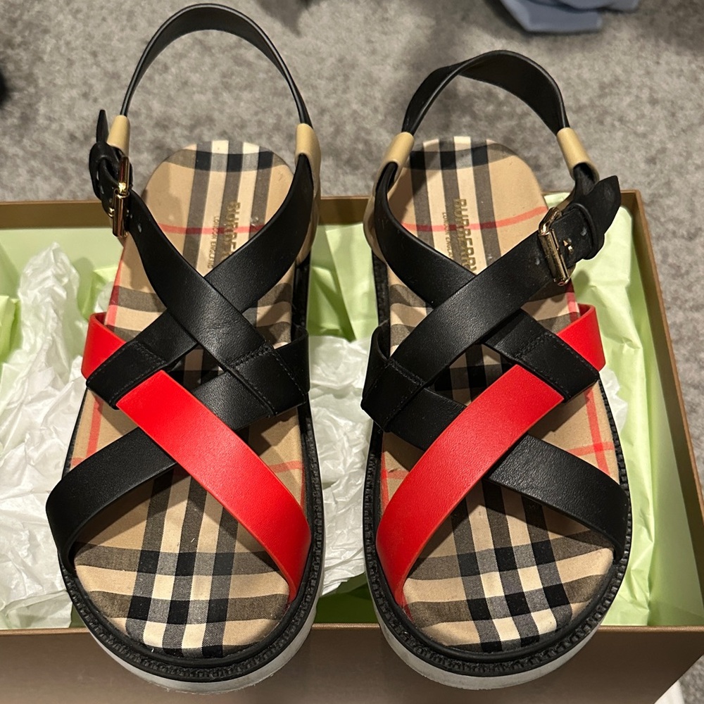 Burberry Black and Red Cross-Strap Sandals